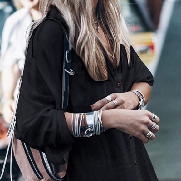 New Boho Long Sleeve Cotton Shirt Dress Black Button Up Oversized Tunic Top 90s - Picture 3 of 6